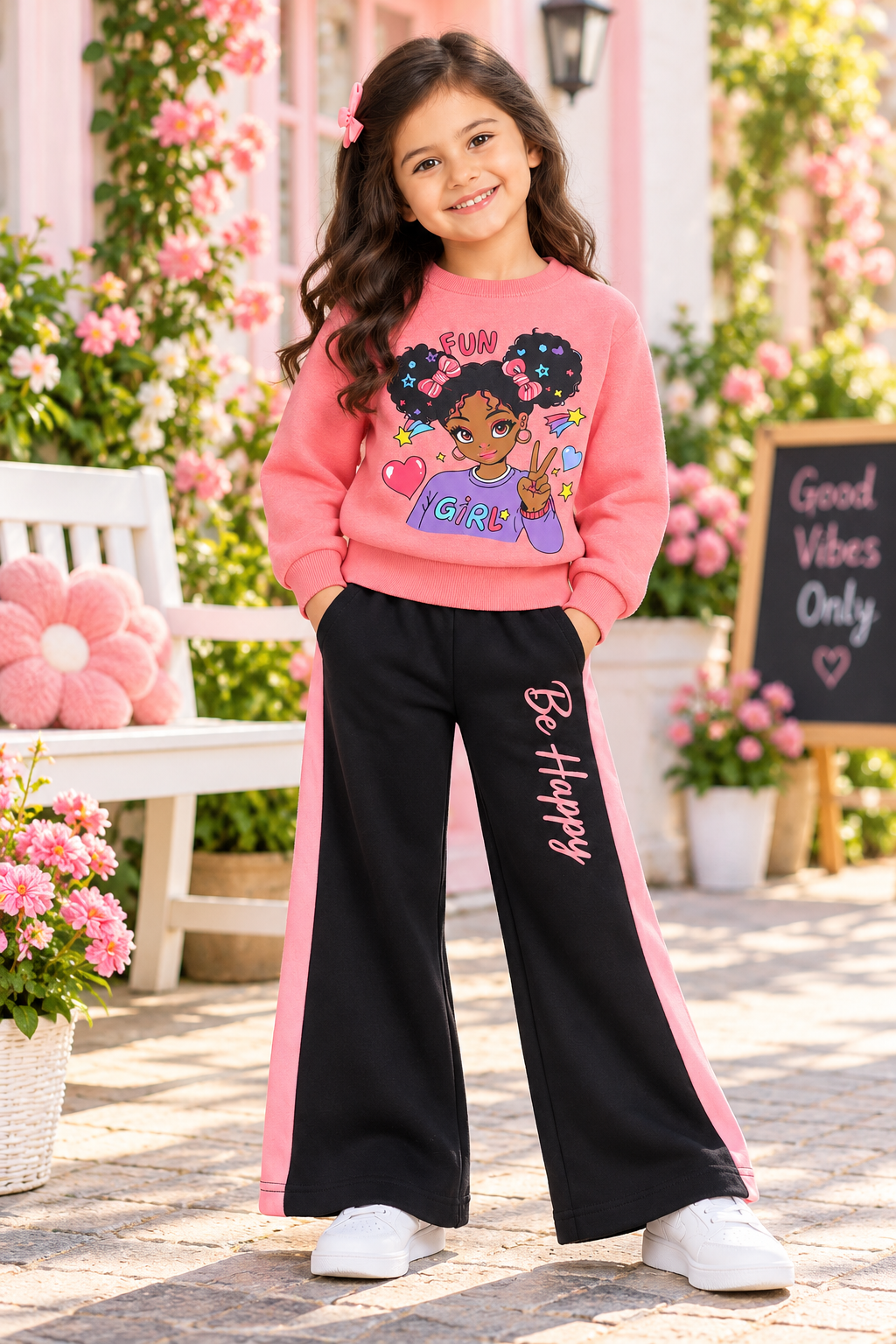 Fun Girl Be Happy Wide Leg Tracksuit – Pink & Black