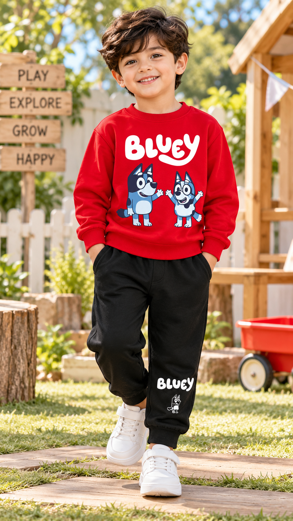 Boys Bluey Print Winter Tracksuit – Red & Black