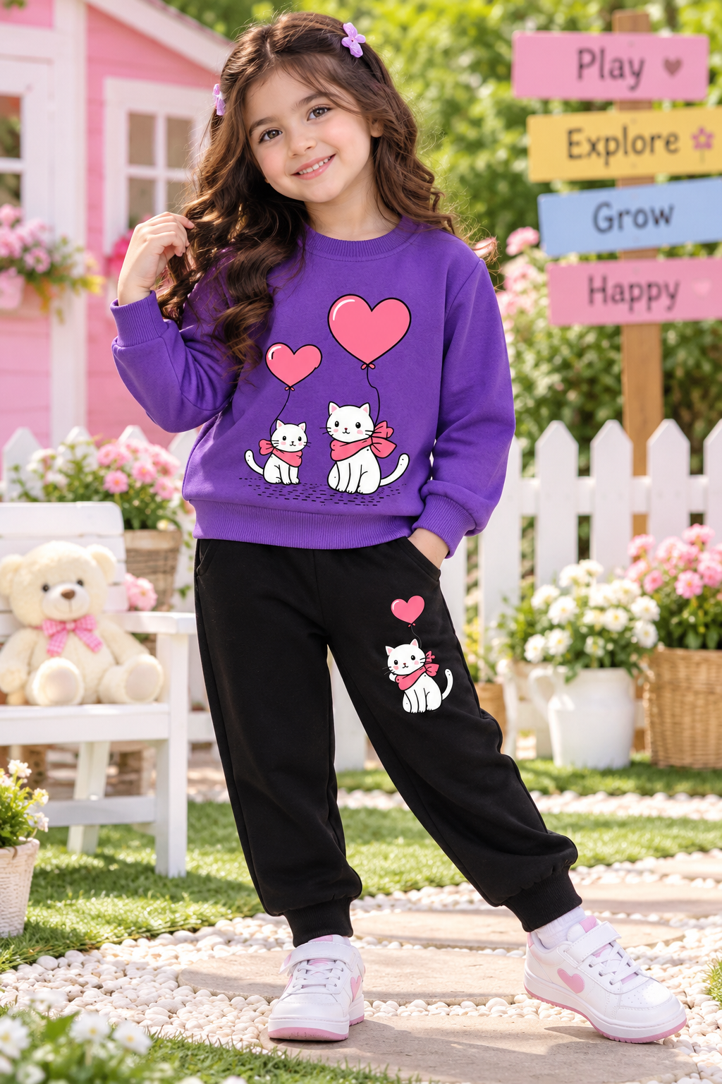 Purple Kitty Girls Tracksuit – 2 Piece Set