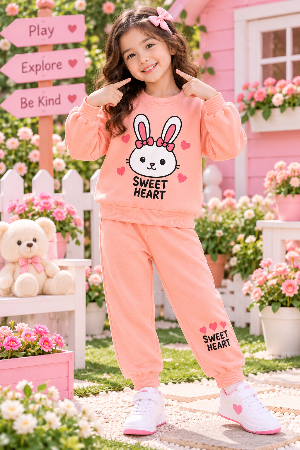 Sweet Heart Bunny Girls Tracksuit – Peach Pink