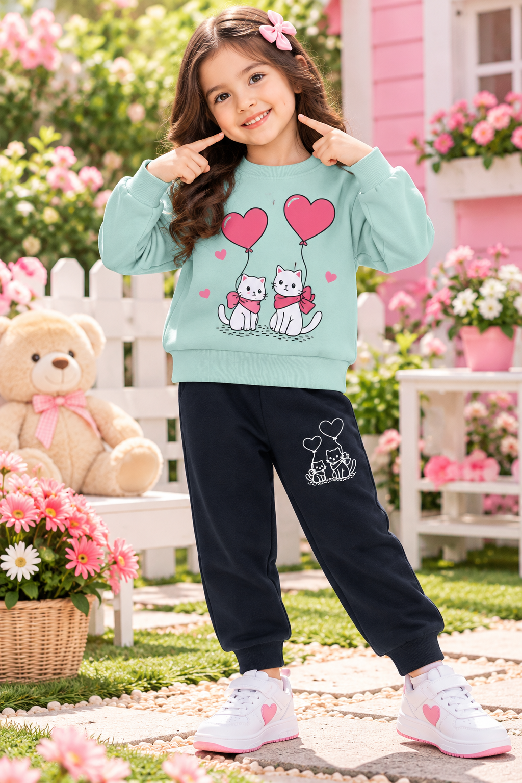 Cute Kitty Balloon Girls Tracksuit – Mint Green & Navy Blue