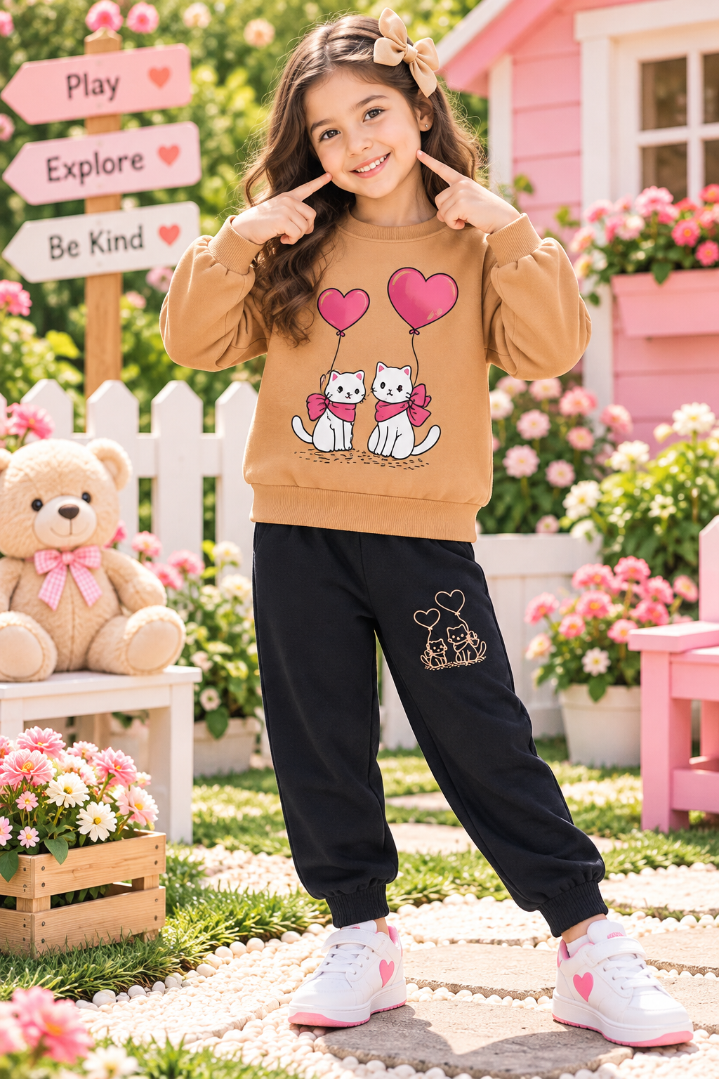 Cute Kitty Balloon Girls Tracksuit – Camel & Black