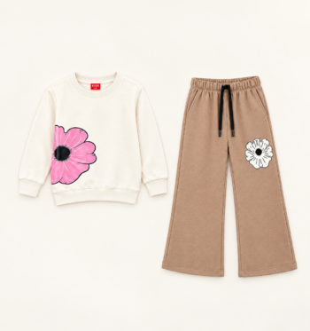 Girls’ Cream & Mocha Flower Co-Ord Set