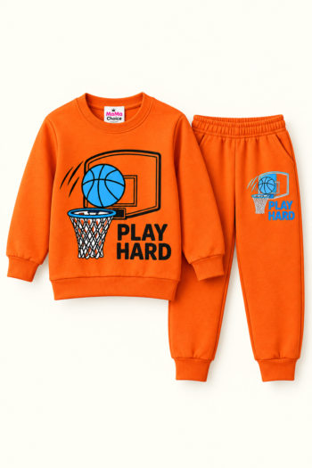 Orange Basketball Fleece Tracksuit Set for Kids