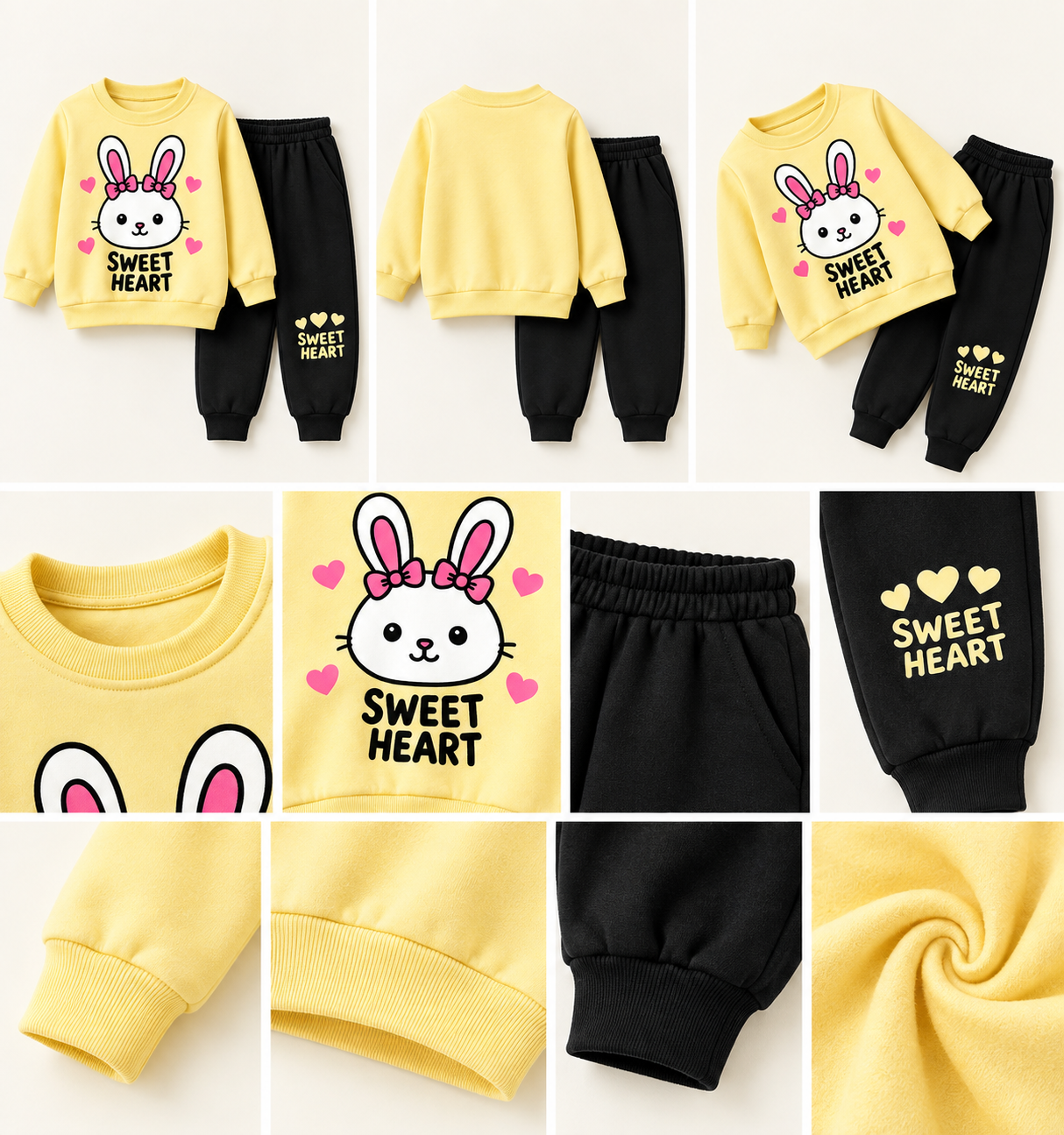 Sweet Heart Bunny Kids Winter 2-Piece Set – Yellow & Black 🐰💛🖤 - Image 2