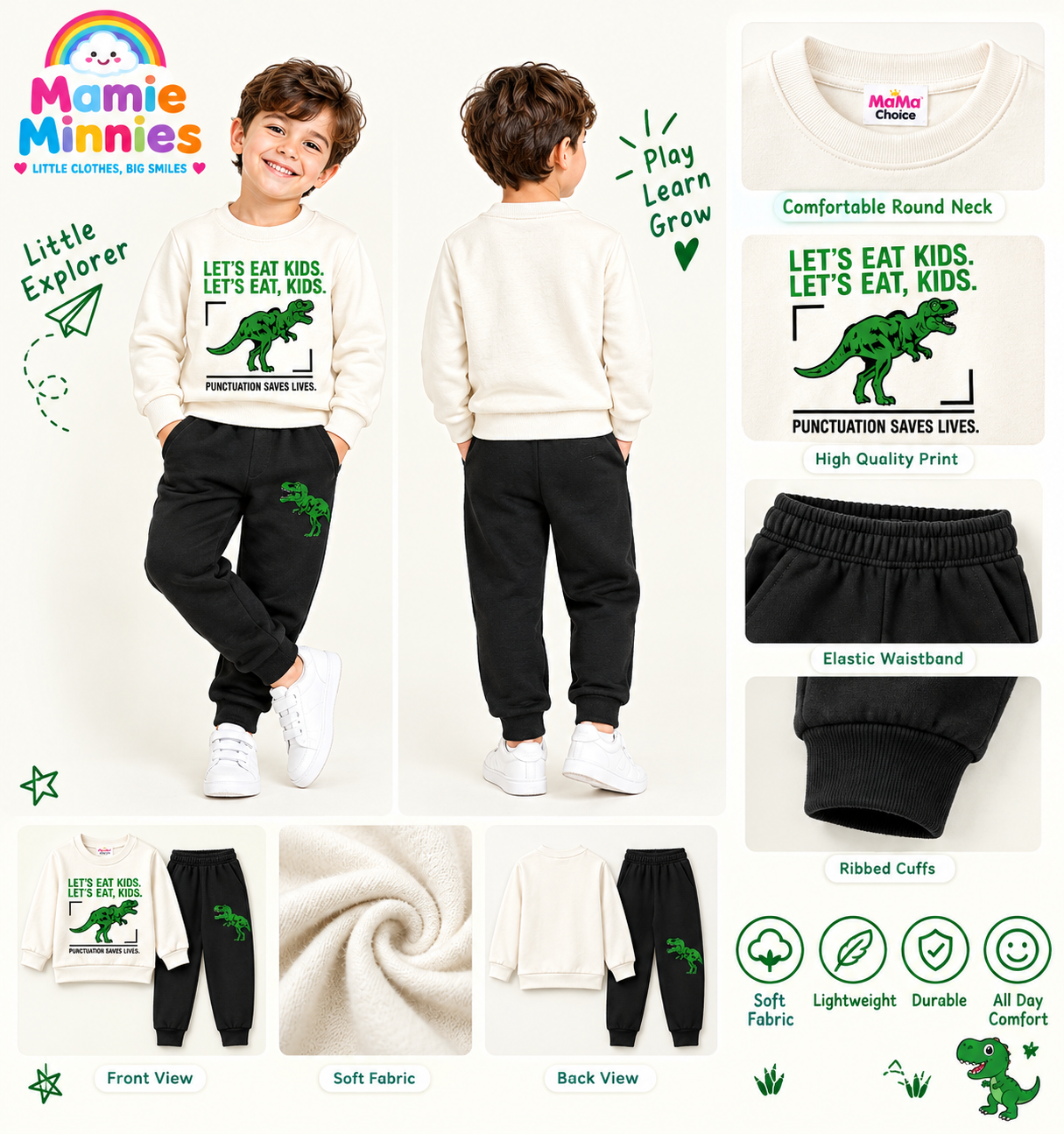 Kids Dinosaur Printed Winter Sweatshirt & Jogger Set - Image 2